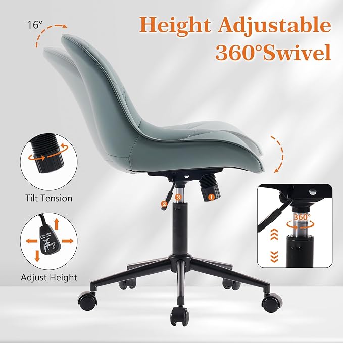 Rowill Modern Office Chair - Ergonomic Swivel Leather Desk Chair with Curved Backrest, Height Adjustable Rolling with Wheels, Perfect for Study Room & Office, Grayish Green