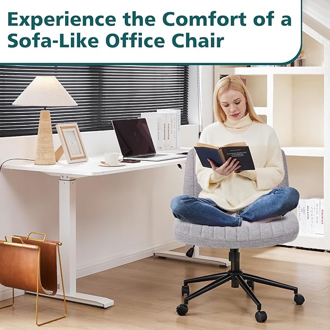 OLIXIS Criss Cross Chair with Wheels Wide Cross Legged Office Desk Vanity Chair Comfy Fabric Armless Height Adjustable Swivel for Home Computer Task Gray