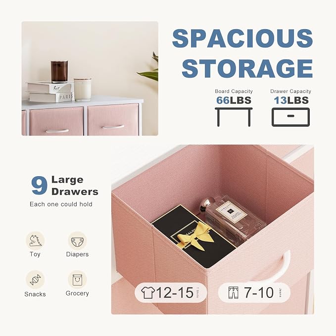 DUMOS Dresser for Bedroom, Storage Organizer with 9 Drawers, Chest of Drawers with Fabric Bins, Sturdy Metal Frame, Wood Tabletop for Guest Room, Closet, Entryway, Pink