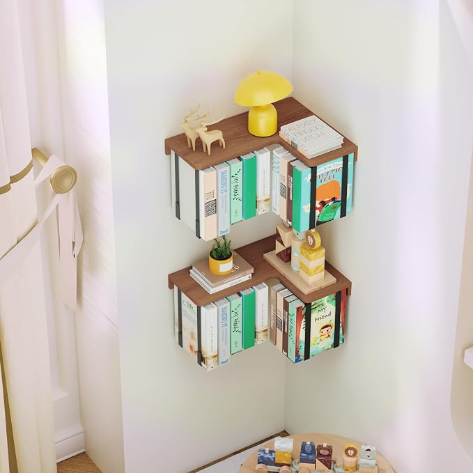 L-Shaped Corner Floating Shelves Set of 2, Floating Book Shelves for Wall | Pine Wood Wall Mount Floating Bookshelf with Hanging Strap Holds 9 Books, Hanging Hookshelf Display Shelf for Home Wall Decor