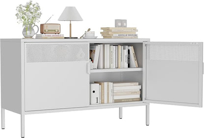 Metal Storage Cabinet with 2 Doors & Adjustable Shelves, 25" H White Accent Cabinet, Metal Locker Storage Cabinets, Tv Stand Cabinet for Home, Office, Living Room, Entryway