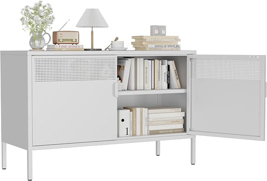 Metal Storage Cabinet with 2 Doors & Adjustable Shelves, 25" H White Accent Cabinet, Metal Locker Storage Cabinets, Tv Stand Cabinet for Home, Office, Living Room, Entryway