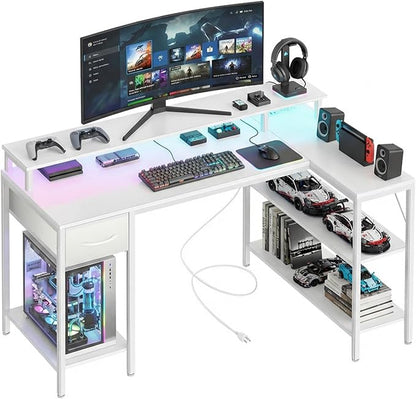 Alpen Gaming Desk, 47 Inch L Shaped Desk with LED Lights, Charging Ports, Corner Desk Reversible Gaming Computer Desk with Shelves Drawer Monitor Stand for Home Office,White