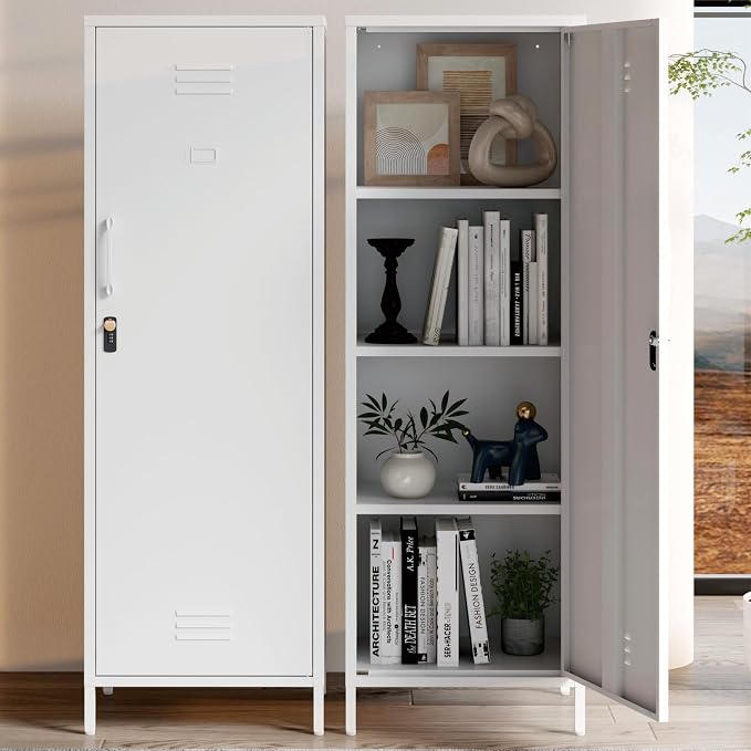 Metal Locker Cabinet, White Kitchen Pantry Storage Cabinet 59" Garage Steel Tool File Cabinets with Doors and Adjustable Shelves for Office,Garage