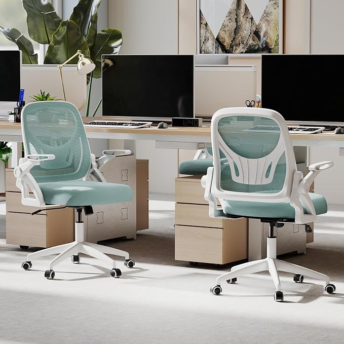 COSTWAY Office Chair, Comfy Swivel Rolling Desk Chair with Adjustable Height & Flip-Up Armrests, Ergonomic Mesh Computer Chairs with Lumbar Support for Working & Gaming (Blue)