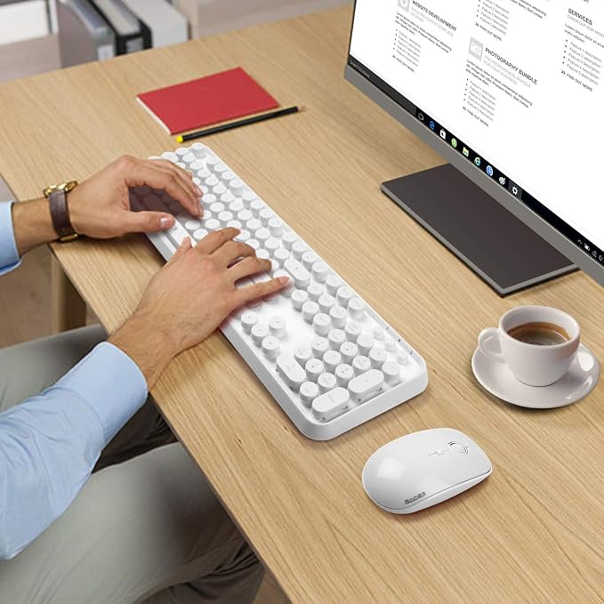 White Wireless Keyboard and Mouse Combo, Cute Bubble Keyboard with Round Keys,2.4Ghz Full Szie Aesthetic Minimalist Keyboard with Number Pad for PC Laptop Desktop