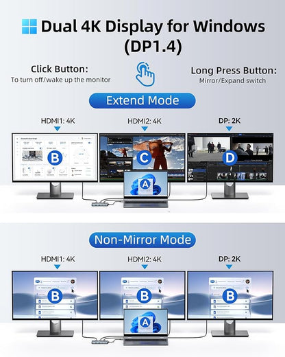 Laptop Docking Station 4 Monitors, 9 in 1, Dual HDMI+DP+VGA, 100W PD, 5Gbps, 3 USB C/A Ports, Ethernet, LIONWEI Docking Station Dual Monitor, USB C Hub for Dell/HP/Surface/MacBook