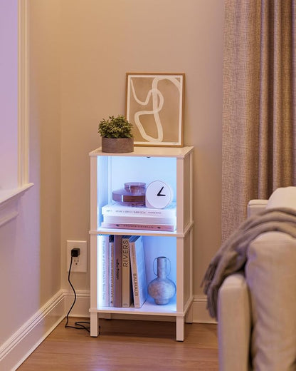 Bookshelf with LED Lights, Modern 2-Tier Bookcase, Open Storage Book Shelf, 11 × 14.2 × 27.4 Inches, Small Narrow Bookshelves for Living Room, Home Office, Bedroom, White