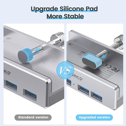 ORICO USB 3.0 Hub, USB Hub Clamp, Aluminum 4-Port USB Splitter with 4.92 FT USB Data Cable, Desktop Powered USB Hub for Monitors/Desks-Silver (Without Power Adapter)