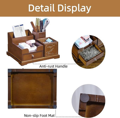 Bamboo Desk Organizer with Drawer, Pen Holder & Business Card Slot, Multi-Compartment Desktop Storage Caddy, Wood Desk Accessories for Office & Home Office, Dark Brown Finish