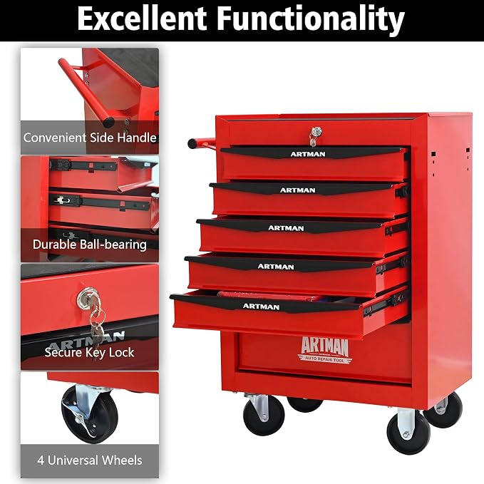 RYH 6 Drawers Rolling Tool Chest - Heavy Duty Mobile Tool Cart with Locking Wheels & Ball Bearing Drawers, 30.5" H x 20.9" W x 13" D Garage Tool Storage Cabinet (Red, 6 Drawers)