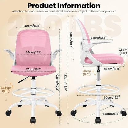 Primy Drafting Chair Tall Office Chair with Flip-up Armrests Executive Ergonomic Computer Standing Desk Chair with Lumbar Support and Adjustable Footrest Ring (Pink)