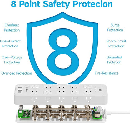 20 Outlet Power Strip with USB C,6Ft Extension Cord with Multiple Outlets, 2700 Joules Surge Protector,1875W/15A, ETL Listed for Home Office Dorm Gaming (White, 6FT)