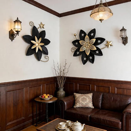 LIFFY Metal Flower Wall Decor, Black & Gold Floral Metal Wall Art for Indoor Outdoor,Black Wall Decor Boho Modern Wall Decor for Bathroom, Living Room, Bedroom, Porch, Garden, Yard (Black & Gold 2)