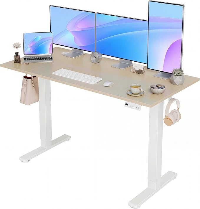 YDN Electric Standing Desk Adjustable Height, 55 x 24 Inches Sit Stand up Desk with Memory Presets & Cable Management, Home Office Desk for Office & Computer Workstation, White Frame/Nature Top