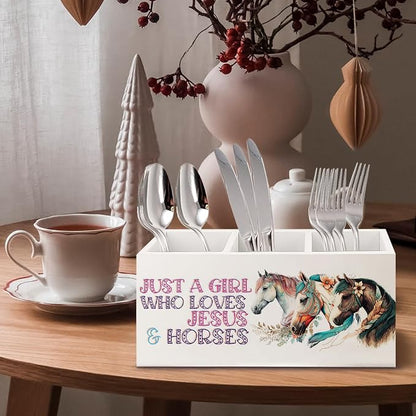 Horse Gifts for Girls Women Wooden Pen Pencil Holder for Office Desk Accessories, Western Cowgirl Gifts, Just a Girl Who Loves Jesus and Horse Makeup Brush Toothbrush Holder Organizer
