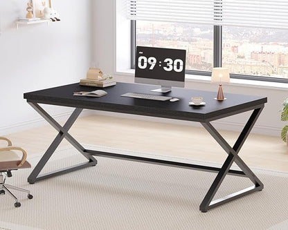 IBF Black Desk, Modern Computer Desk for Writing Study, Industrial Simple Home Office Work Desk in Bedroom, Wood Metal Pc Gaming Laptop Workstation Executive Computer Table, Black Oak, 60 Inch