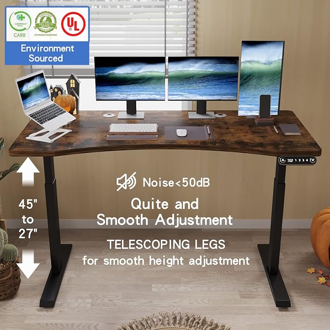Dual Motor 63x30 Height Adjustable Electric Standing Desk,Height Stand Up Computer Desk,Sit and Stand Home Office Desk with Splice Board,(Rustic Brown Top, Black Frame)
