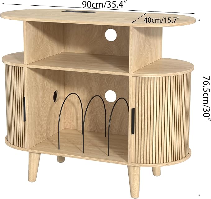 Fiogmub Round Printer Stand with Charging Station & USB Ports, 35.4 x15.7 x 30 Inches Large Printer Table 3 Tier with Storage Shelf for Home Office (Oak)