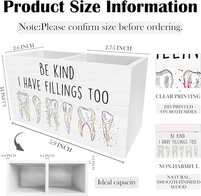 Funny Dental Office Pen Holder for Desk, Be Kind I Have Fillings too Wooden Box Sign Desk Decor for Dentist Office School Clinic Decoration, Funny Dentist Gifts Pencil Organizer