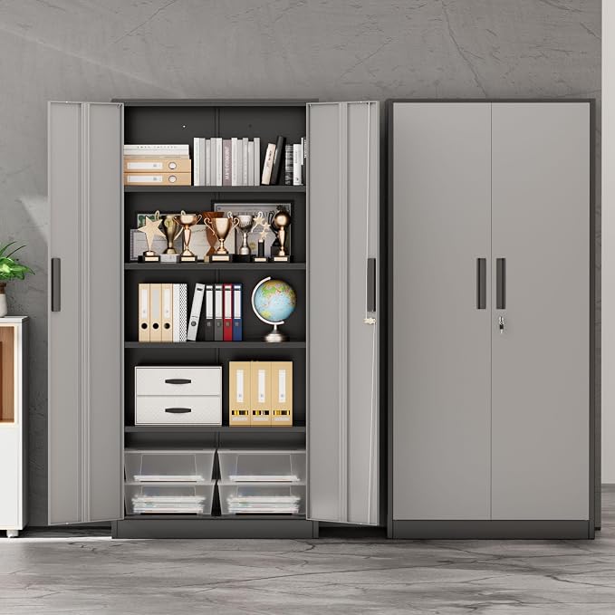 INTERGREAT Storage Cabinet with Doors and Shelves, Metal Garage Storage Cabinets with Lock, Lockable Steel Supply Cabinet for Home Office, Warehouse (Black Grey)