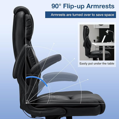 Executive Office Chair Big and Tall 450lbs Heavy Duty Office Chair with Adjustable Lumbar Support High Back Ergonomic Home Computer Leather Chair with Padded Flip-up Arms for Heavy People,Black