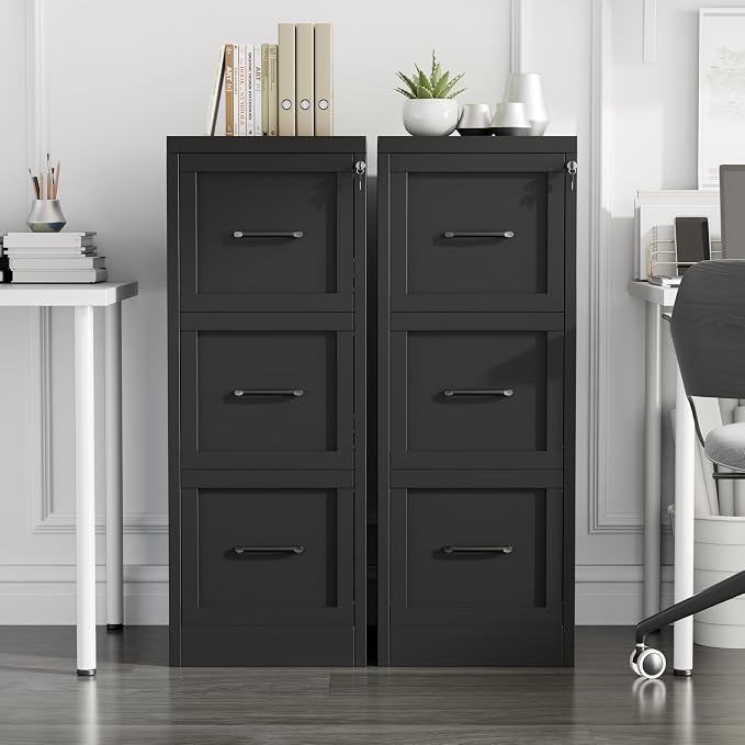 Small Metal 3-Drawer File Cabinet, Under-Desk Filing Cabinet, Black | Locking, Adjustable Hanging Rail, Fit A4, FC, Letter, Hanging File Folders for Home Office Storage Organization, 2PS