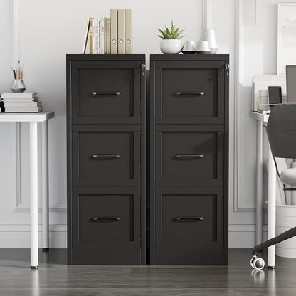 Small Metal 3-Drawer File Cabinet, Under-Desk Filing Cabinet, Black | Locking, Adjustable Hanging Rail, Fit A4, FC, Letter, Hanging File Folders for Home Office Storage Organization, 2PS
