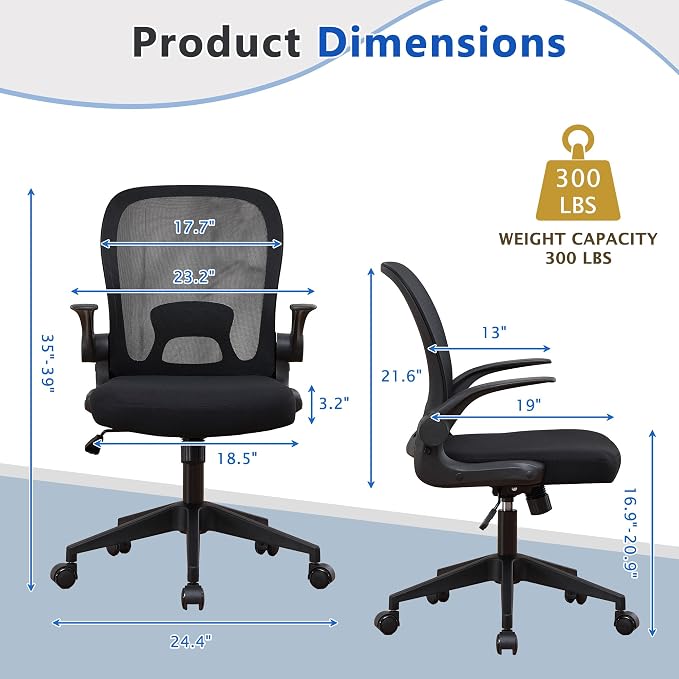 IPKIG Foldable Office Chair for Small Spaces | Home Office Folding Desk Chairs with Wheels and Flip Up Arms | Ergonomic Mesh Computer Chair for Adults & Kids(2PCS Black)