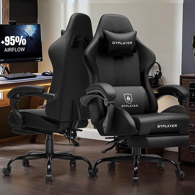 GTPLAYER Gaming Chair with Pocket Spring Cushion, Leather Office Chair with Ergonomic High Back & Lumbar Support for Back Pain Relief, Computer Game Chair for Adults, Black