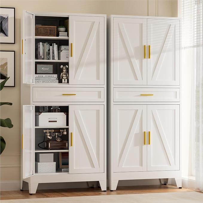 Baborokic 71" Tall Metal Storage Cabinet with Adjustable Shelves,Farmhouse Kitchen Pantry Cabinet with 2 Barn Doors and Drawer,Large Storage Cabinets for Dining Room,Office,Kitchen(White)