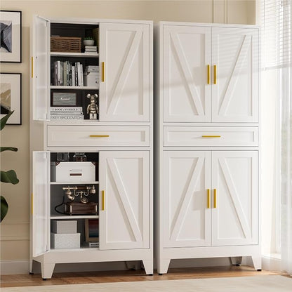 Baborokic 71" Tall Metal Storage Cabinet with Adjustable Shelves,Farmhouse Kitchen Pantry Cabinet with 2 Barn Doors and Drawer,Large Storage Cabinets for Dining Room,Office,Kitchen(White)