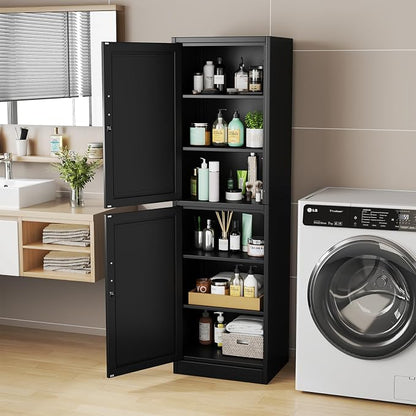 pozdeg 67" Metal Storage Cabinet with Lock, Tall Narrow Office File Cabinets with 2 Doors & 4 Adjustable Shelves, Metal Steel Locker for Home, School, Office, Garage or Gym (Black)