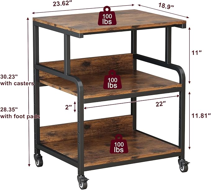 Large Printer Table for Home Office, Printer Stand, 3 Tier Rolling Printer Cart with Storage Shelf, Stand for Heat Press, Scanner, Fax, Organization, Brown