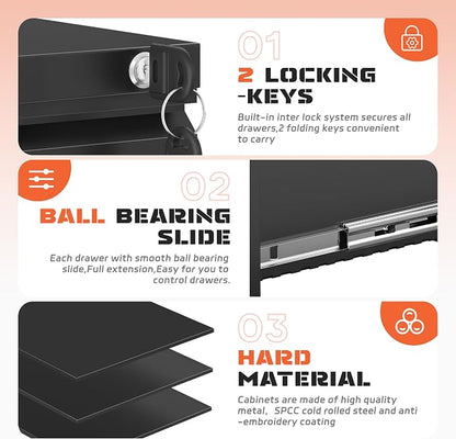 INTERGREAT 3 Drawer Mobile File Cabinet with Lock, Metal Filing Cabinets for Home Office, Rolling Under Desk Organizer for Letters/Legal/A4, (Fully Assembled-Black)