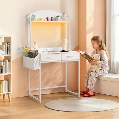 KATHY&BOB Small Home Office Study Desk - Freestanding Arched Design with Fabric Drawers & Side Bag - Modern Vanity Makeup Desk - Open Shelf & Computer Gaming Station (White)