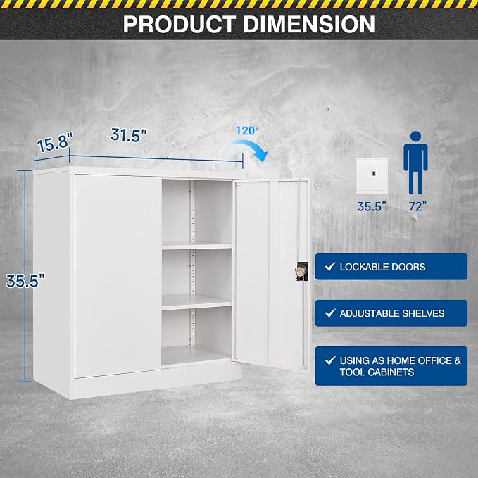 Fesbos Metal Storage Cabinet-36” Tall Steel File Cabinets with Lockable Doors and Adjustable Shelves-White Steel Storage Cabinet for Home Office, School, Garag