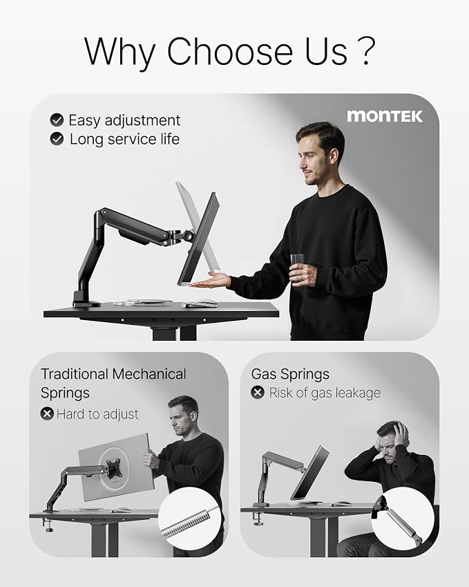 monTEK Deluxe Aluminum Monitor Arm with USB A/C for 17 to 40 Inch Curved Screens Fully Adjustable Single Monitor Arm with Clamp/Grommet, Quick Release Plate, Cable Management, VESA 75/100
