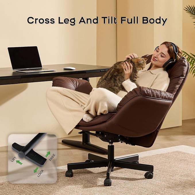 amseatec Criss Cross Office Chair with Armrests & Wheels, Recline 90/135 Lock, 400LBS Big and Tall Executive Office Chair, PU Leather Computer Desk Chair for Home & ADHD（Brown）