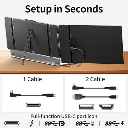 Laptop Screen Extender 14" - Dual Portable Monitor FHD 1080P IPS Second Screen for 13"-17" Laptops, Plug & Play for Trip/Remote Work Compatible with Windows/Mac/Android/Chrome