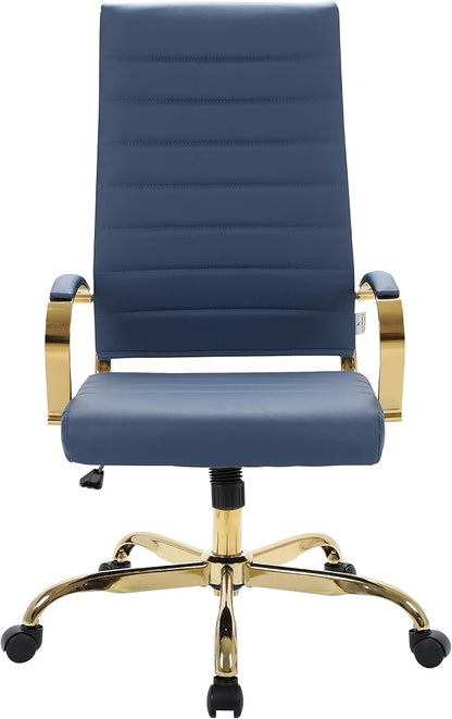 LeisureMod Modern High-Back Leather Office Chair - Swivel & Adjustable Executive Desk Chair with Gold Frame, Ergonomic Design for Home & Office (BOTG19BUL, Single)