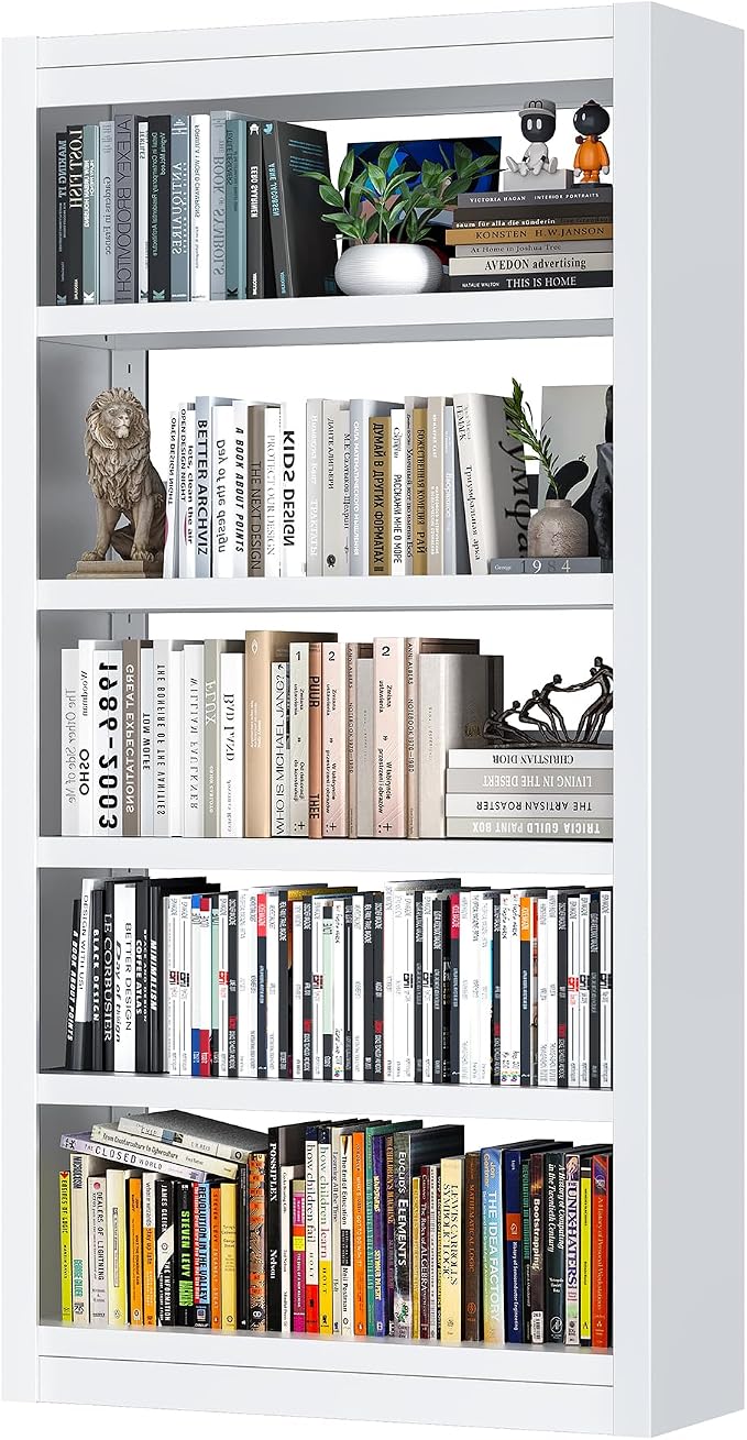 OSEILLC Metal Bookshelf, 5-Tier Bookcase, Modern Bookshelves with Adjustable Shelves, White Bookshelf for Home Office, Living Room, Garage, Small Space Living