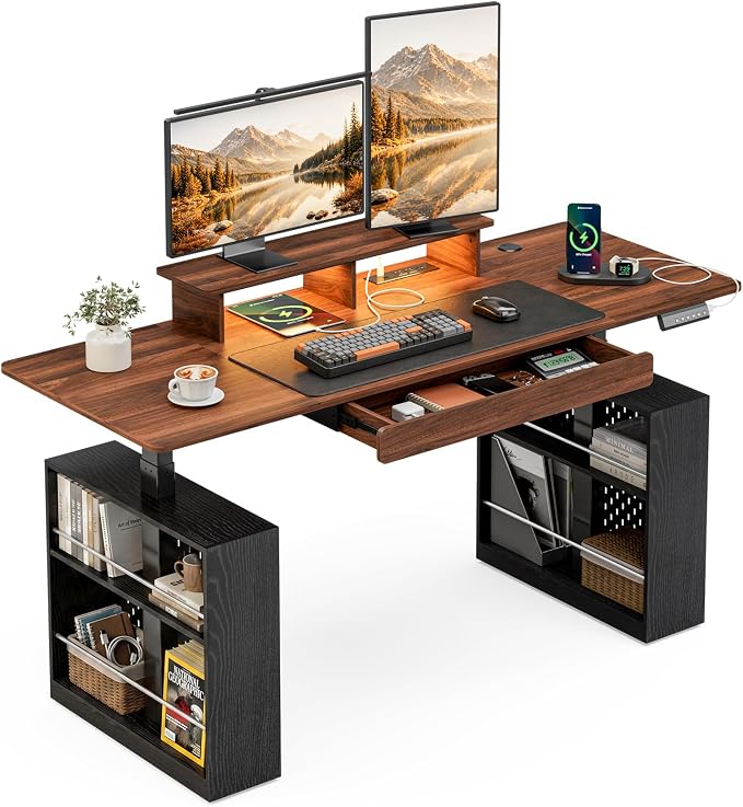 63x24 Electric Standing Desk with Drawer & Power Outlet, Ergonomic Sit Stand Desk with LED Lights, 2 Pegboards Storage, Monitor Stand, Height Adjustable 28.3"-47.2" for Home & Office, Walnut