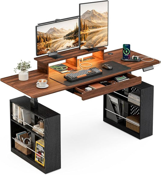 63x24 Electric Standing Desk with Drawer & Power Outlet, Ergonomic Sit Stand Desk with LED Lights, 2 Pegboards Storage, Monitor Stand, Height Adjustable 28.3"-47.2" for Home & Office, Walnut