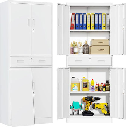 BESFUR Metal Storage Cabinet with 1 Drawer and Adjustable Shelves, 71" H Reinforced Heavy Duty Locking Storage Cabinet for Office, Garage, Home, School, Utility(White)