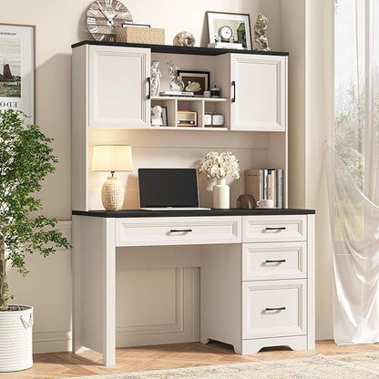 Vabches Farmhouse Executive Desk with 4 Drawers and Storage Cabinet, Rustic Large Home Writing Desk with Hutch, Workstation for Bedroom, Black.