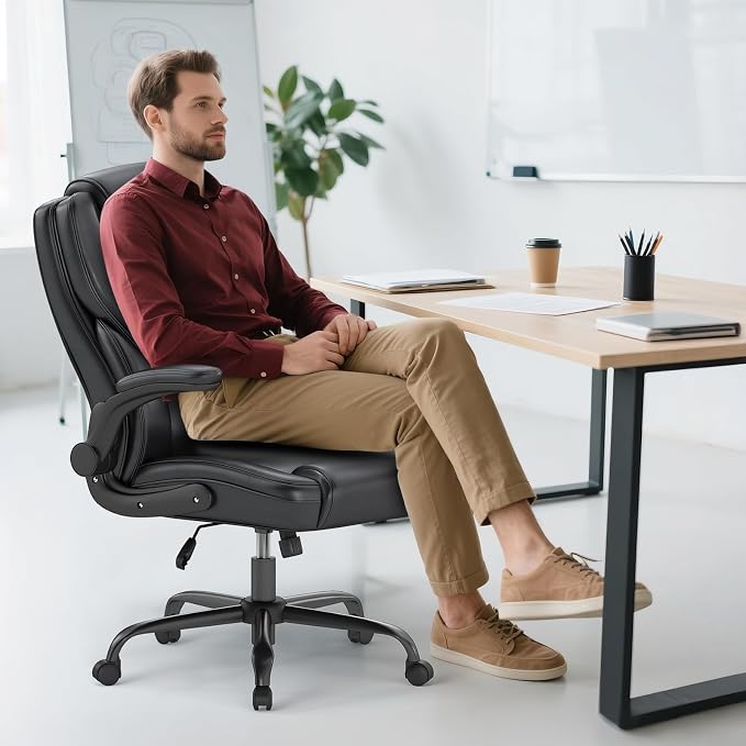 Ergonomic Executive Office Chair, Mid Back PU Leather Computer Desk Chair with Flip-Up Armrests, Lumbar Support, Adjustable Height and Rocking Function, Black