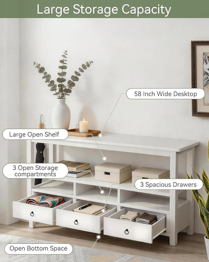 Karl home Console Table with 3 Bottom Drawers, 57.9" W Sofa Side Table Entryway Desk with 3 Storage Cubbies 1 Open Shelf, Vintage TV Stand for Hallway Living Room Office, White 29.9" H