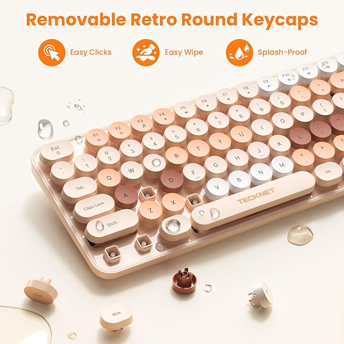 TECKNET Wireless Keyboard and Mouse Combo, Dual Bluetooth & 2.4G, Full Size Retro Typewriter Keyboard with Number Pad, Quiet Round Keys, Colorful Design for Laptop, PC, Tablet, Home Office