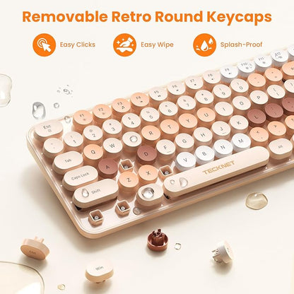 TECKNET Wireless Keyboard and Mouse Combo, Dual Bluetooth & 2.4G, Full Size Retro Typewriter Keyboard with Number Pad, Quiet Round Keys, Colorful Design for Laptop, PC, Tablet, Home Office